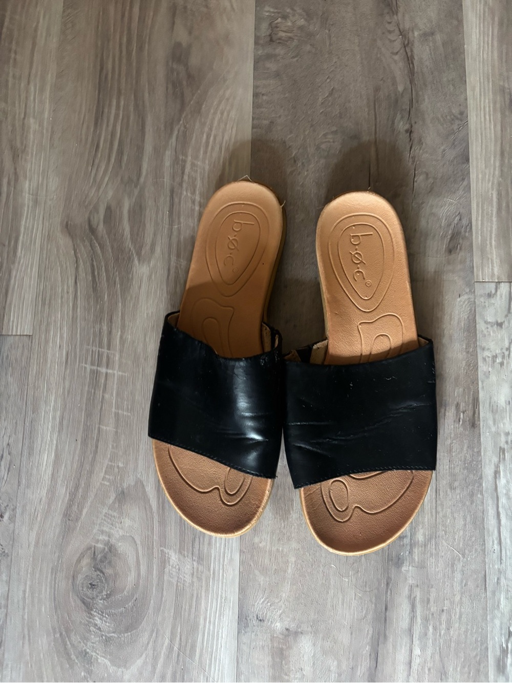 boc Black Slide Sandals with Tan Footbed